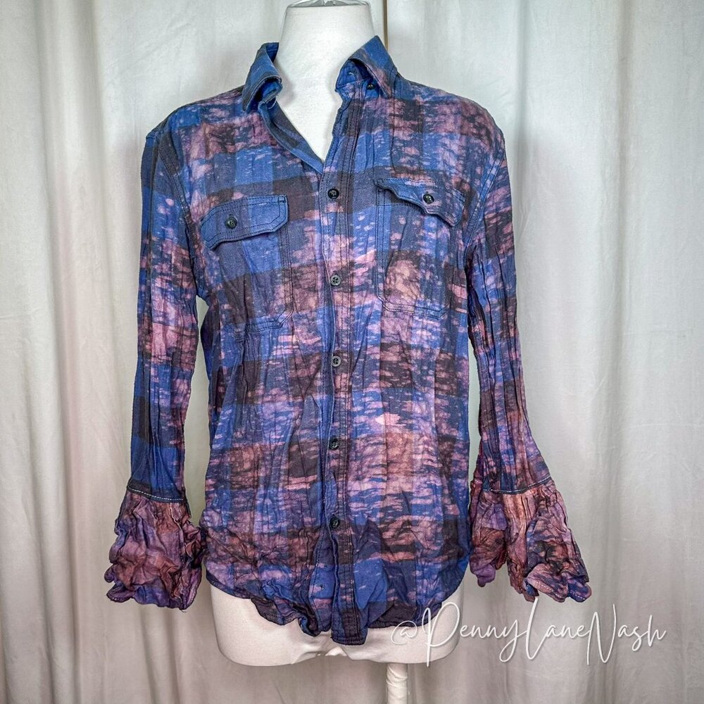 Angry Minnow Vintage Distressed Plaid Ornate Flared Sleeves Shirt - Picture 2 of 9